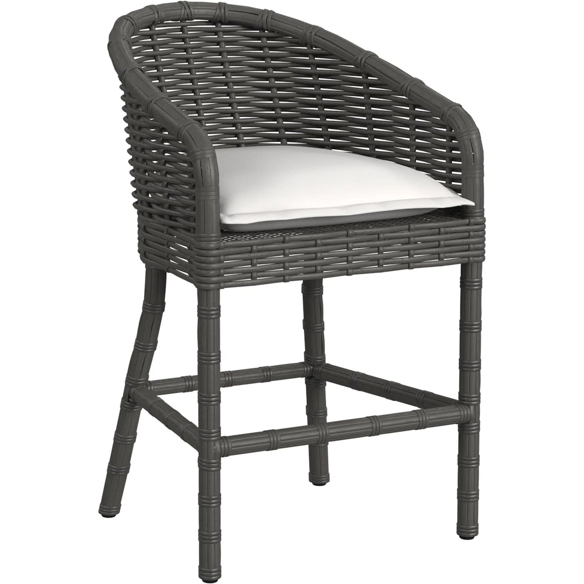 Cabo Outdoor Barstool by Sunset West in dark wood. Made from resin wicker in a rustic style.