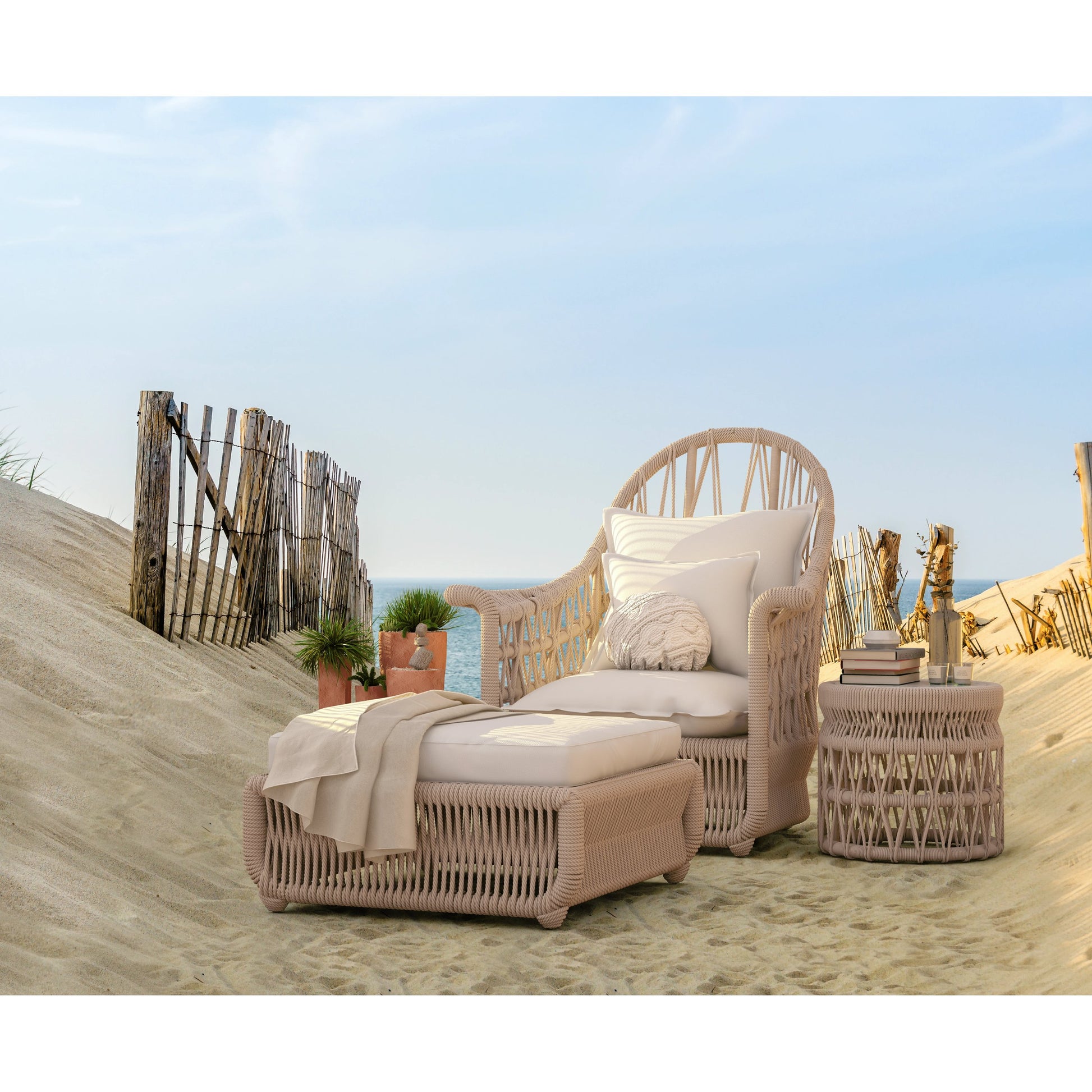 Dana Outdoor End Table with Marble Top by Sunset West in natural. Made from olefin rope in a coastal style.