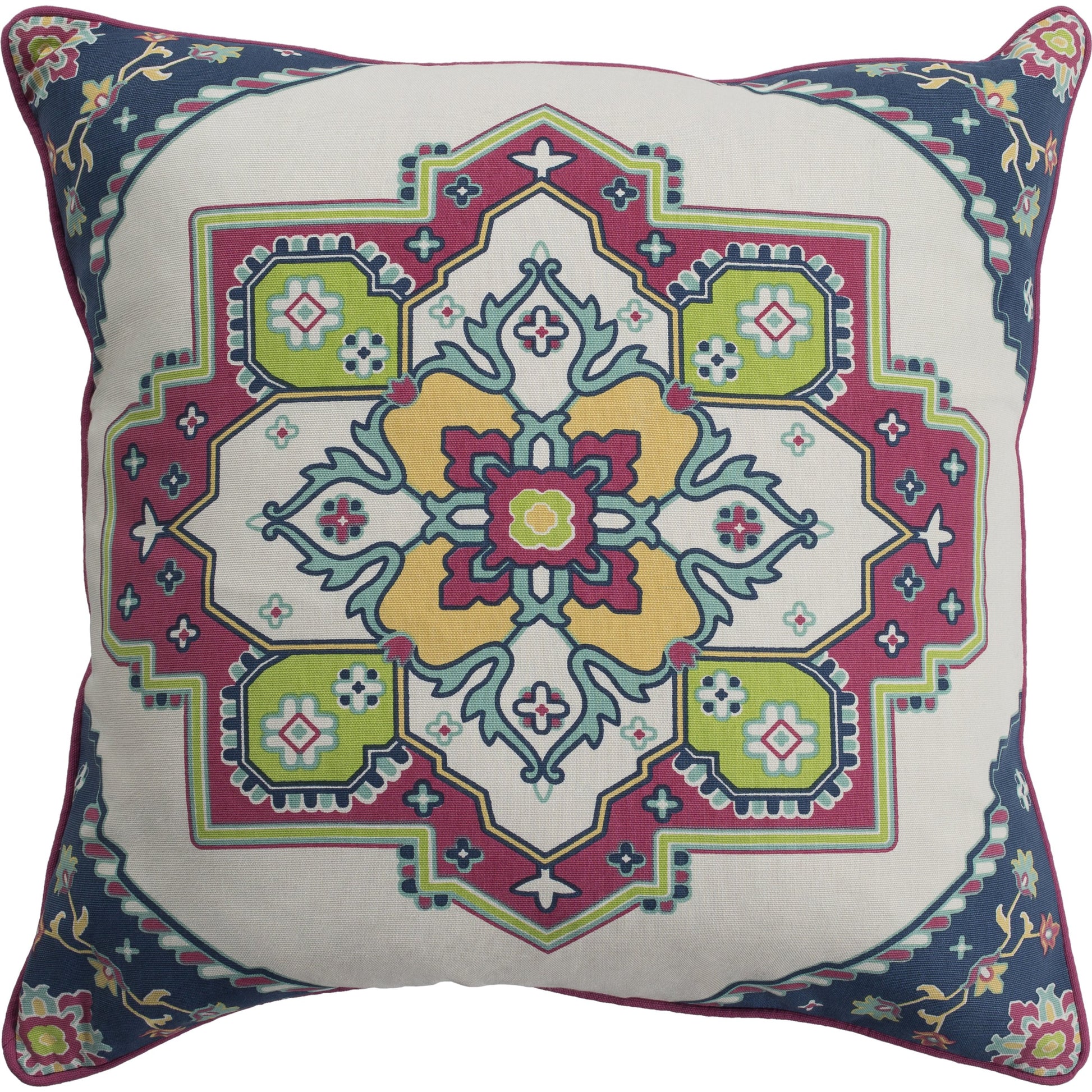 Technicolor Indoor/Outdoor Pillow by Surya in seafoam, ivory, yellow, light green, navy, red. Made from 100% cotton in a eclectic & global style.