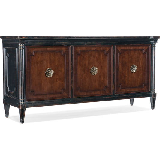 Charleston Entertainment Console by Hooker Furniture in black cherry. Made from cherry, walnut veneers with walnut inlay, solid-wood edge top in a traditional style.