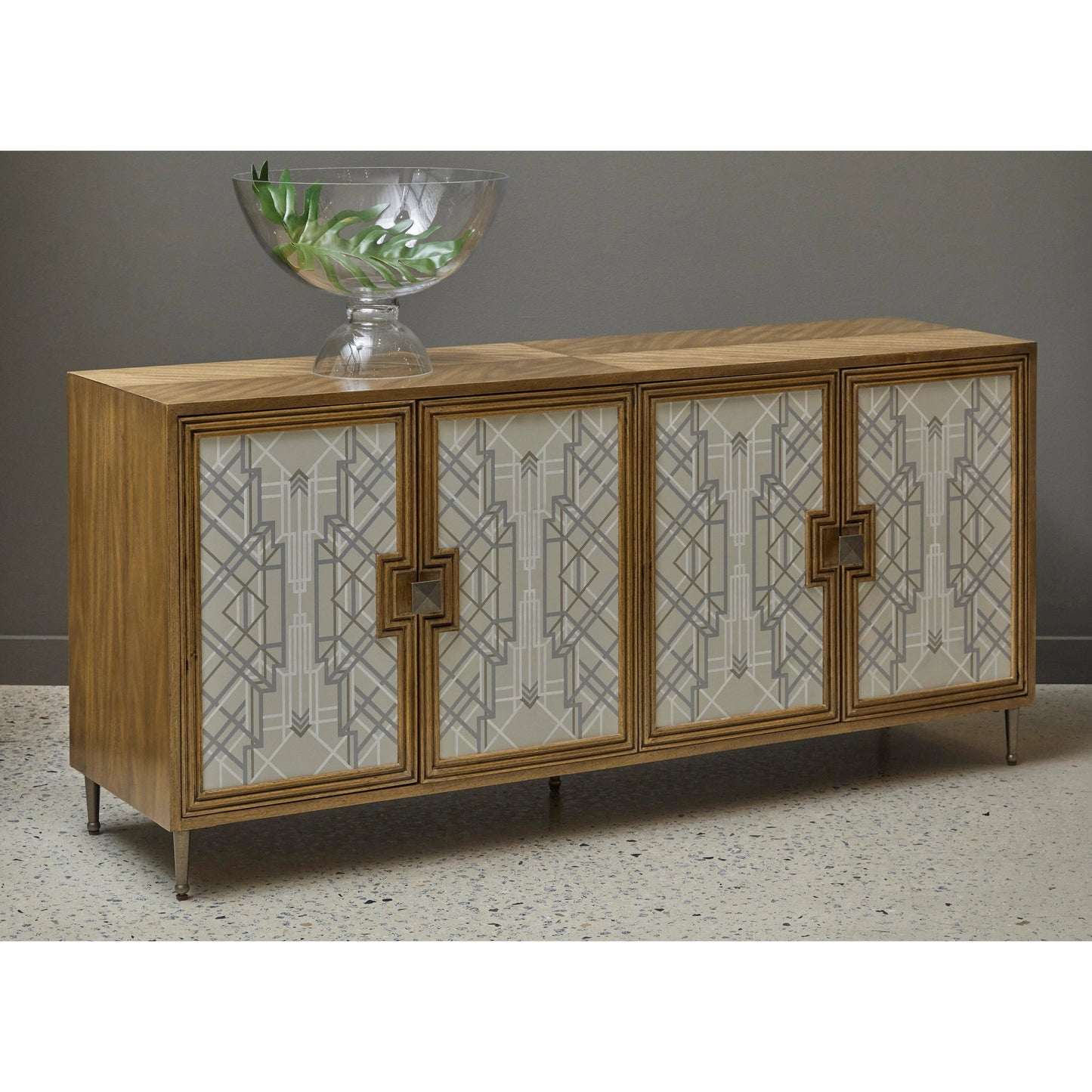 006 SI-2155525 | Lifestyle | Mid-Century Modern 4 Door Credenza by Pulaski Furniture in honey. Made from rubberwood in a modern style.