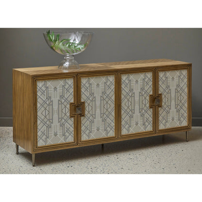 Mid-Century Modern 4 Door Credenza by Pulaski Furniture in honey. Made from rubberwood in a modern style.