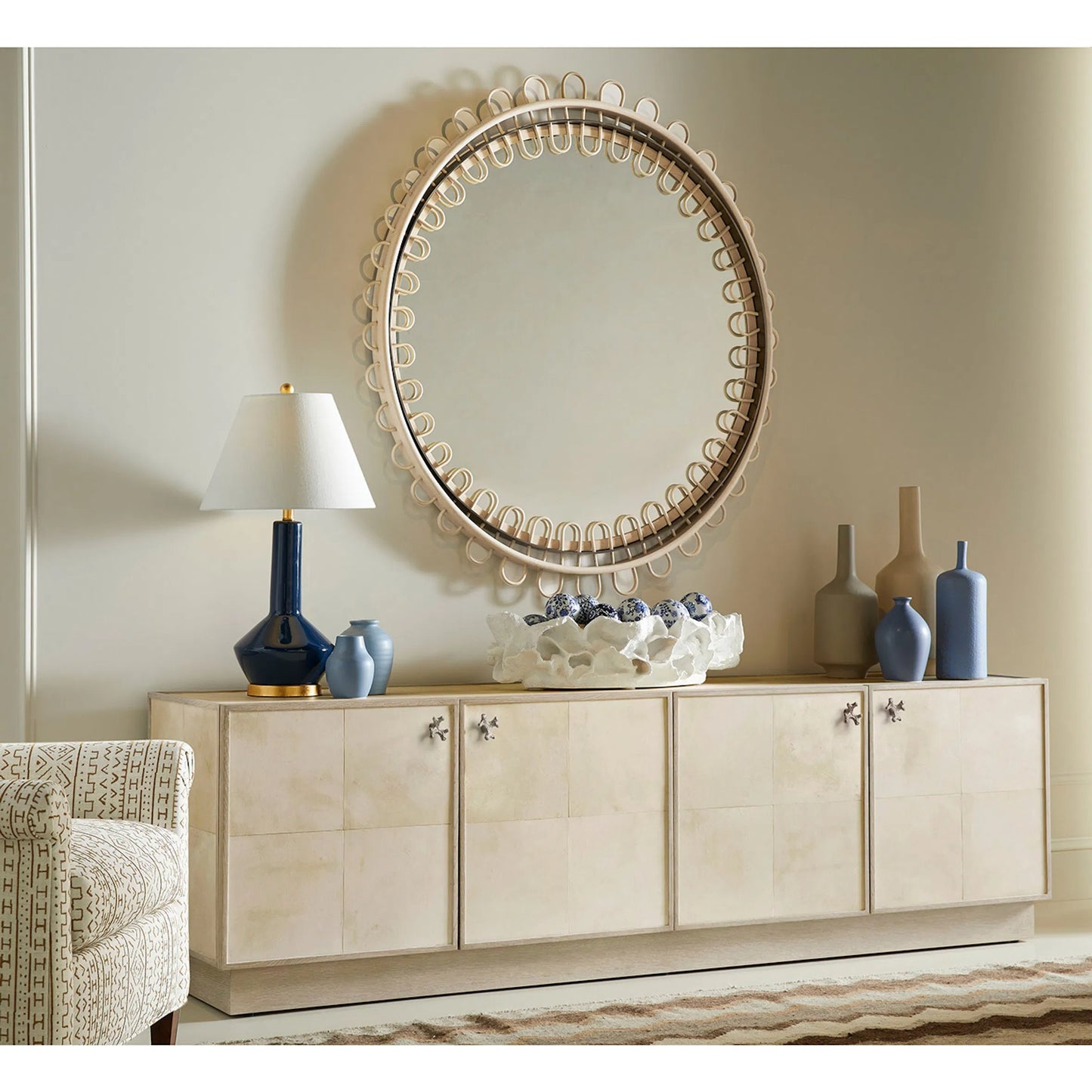 009 SI-2446826 | Lifestyle | Hydra Entertainment Console by Jonathan Charles in parchment oak. Made from oak, oak veneer, brass, vellum in a transitional style.