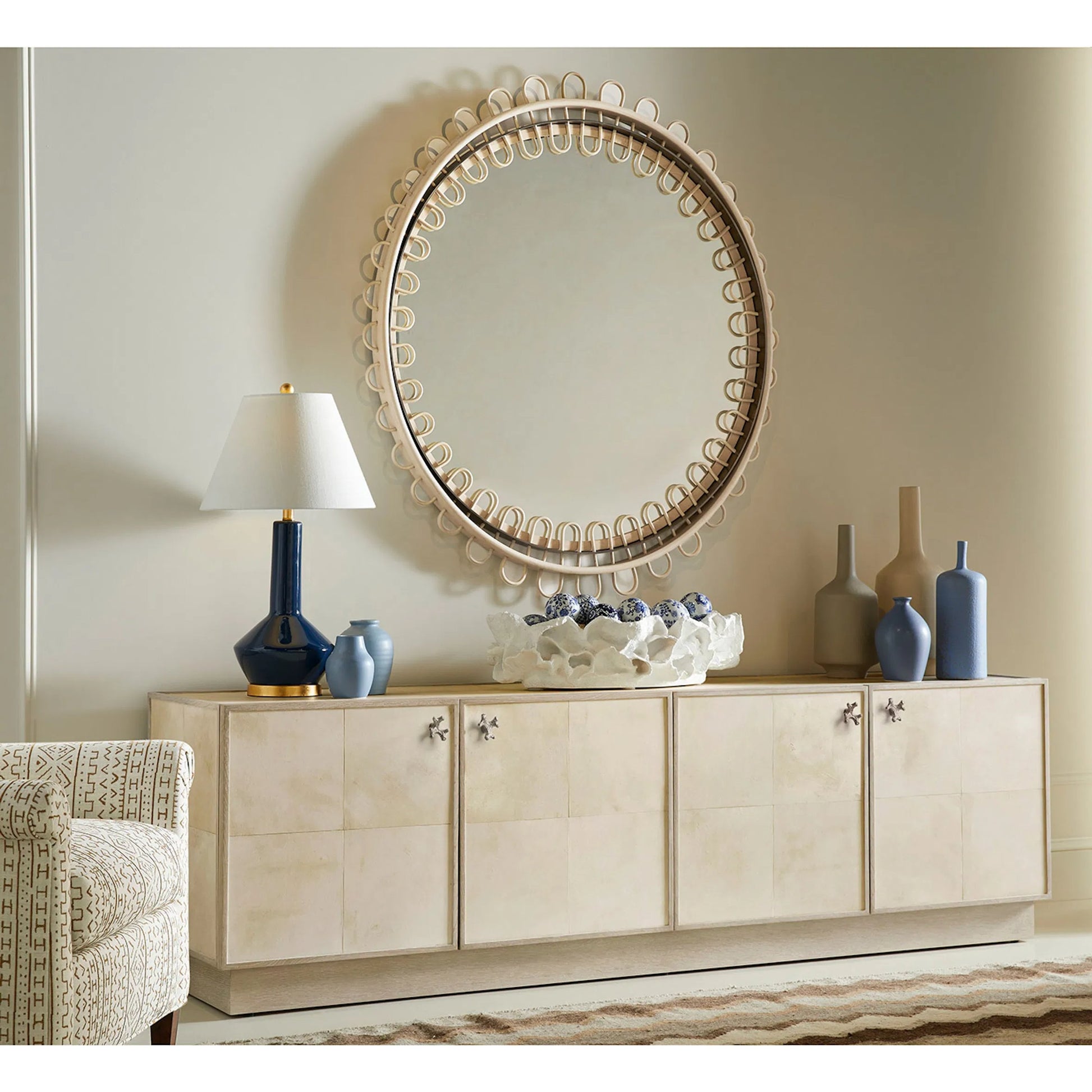 Hydra Entertainment Console by Jonathan Charles in parchment oak. Made from oak, oak veneer, brass, vellum in a transitional style.