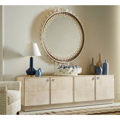 Hydra Entertainment Console by Jonathan Charles in parchment oak. Made from oak, oak veneer, brass, vellum in a transitional style.