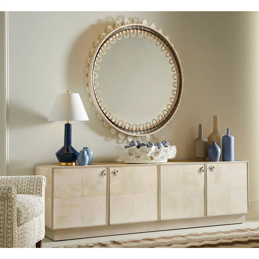 Hydra Entertainment Console by Jonathan Charles in parchment oak. Made from oak, oak veneer, brass, vellum in a unique style.