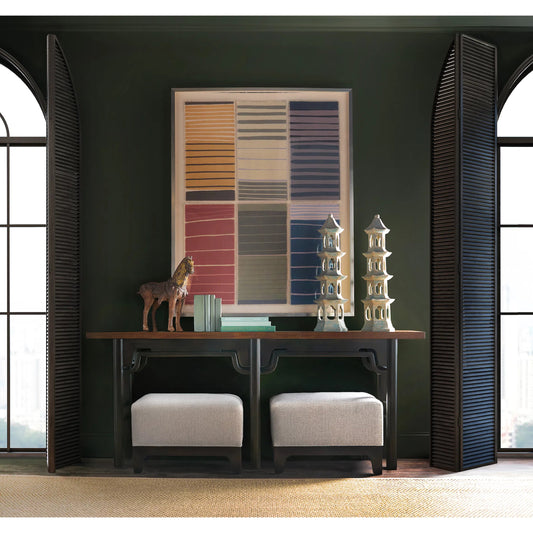 Archives Console Table by Hooker Furniture in dark wood and classic walnut. Made from figured quartered walnut veneer in a unique style.