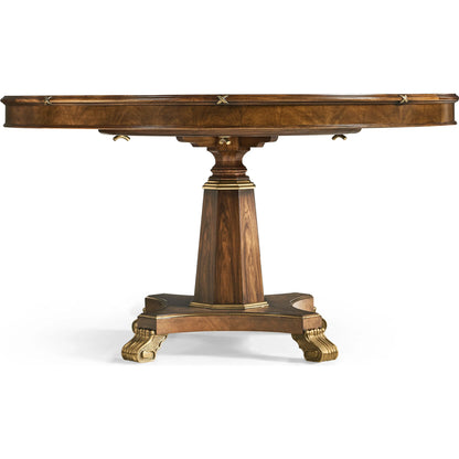 Viceroy Round Dining Table by Jonathan Charles in brown and santos brown, antique brass. Made from mahogany, cerejeira veneers, santos rosewood crown veneers, brass in a traditional style.