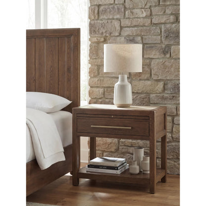 Driftwood One-Drawer Nightstand with Stone by Hooker Furniture. Made from oak solids, oak veneers, stone in a transitional style.