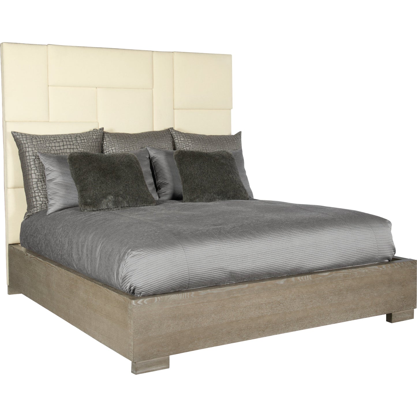 001 SI-1711571,SI-1711573 | Additional Silo | Mosaic Upholstered Bed by Bernhardt in dark taupe. Made from white oak veneers, fabric in a unique style.