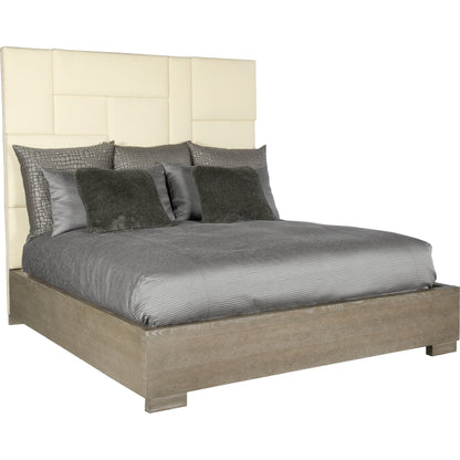 Mosaic Upholstered Bed by Bernhardt in dark taupe. Made from white oak veneers, fabric in a unique style.