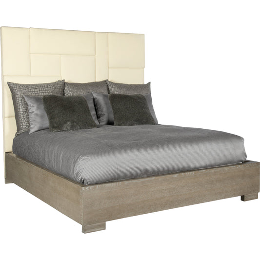 Mosaic Upholstered Bed by Bernhardt in dark taupe. Made from white oak veneers, fabric in a unique style.
