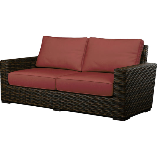 Montecito Outdoor Loveseat by Sunset West in cognac. Made from resin wicker in a modern style.