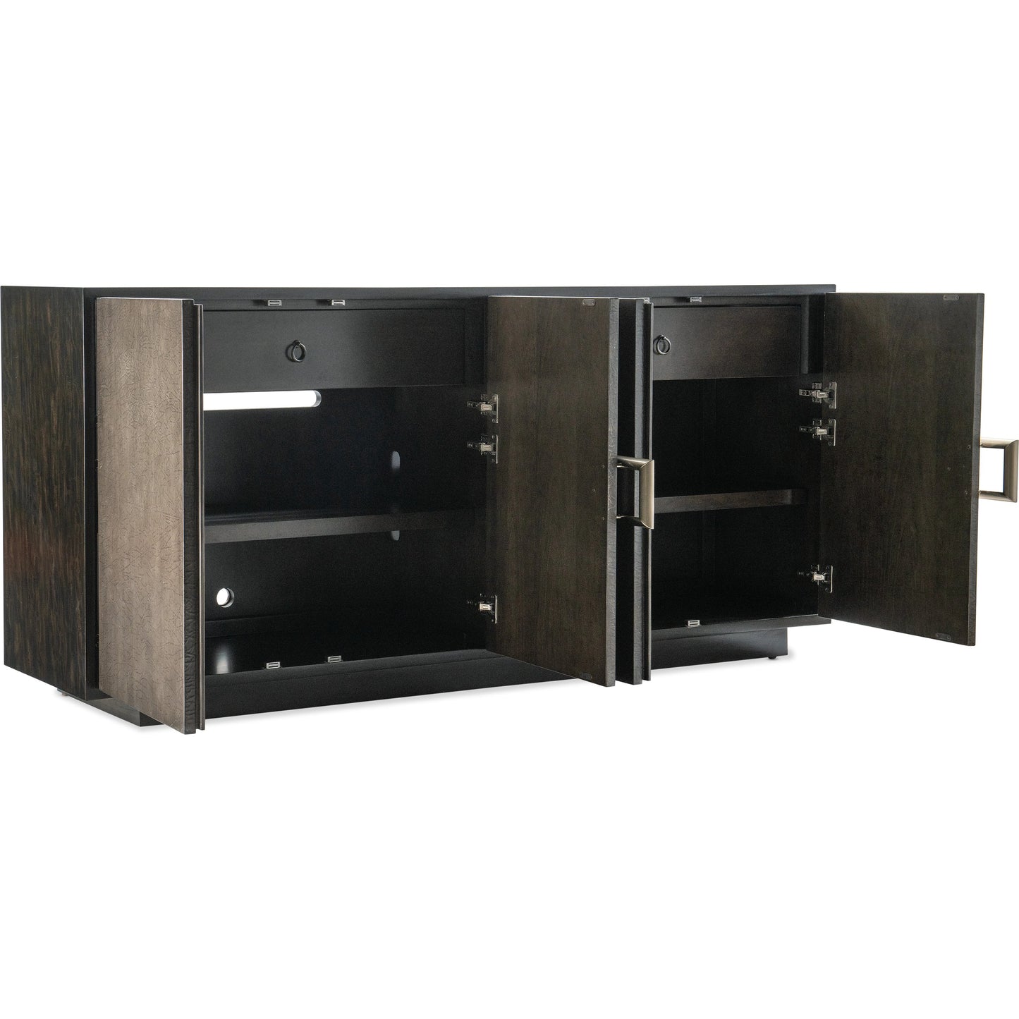 002 SI-2028926 | Additional Silo | Melange Asher Four Door Entertainment Credenza by Hooker Furniture in dark wood. Made from figured primavera veneers with canvas crackle in a modern style.