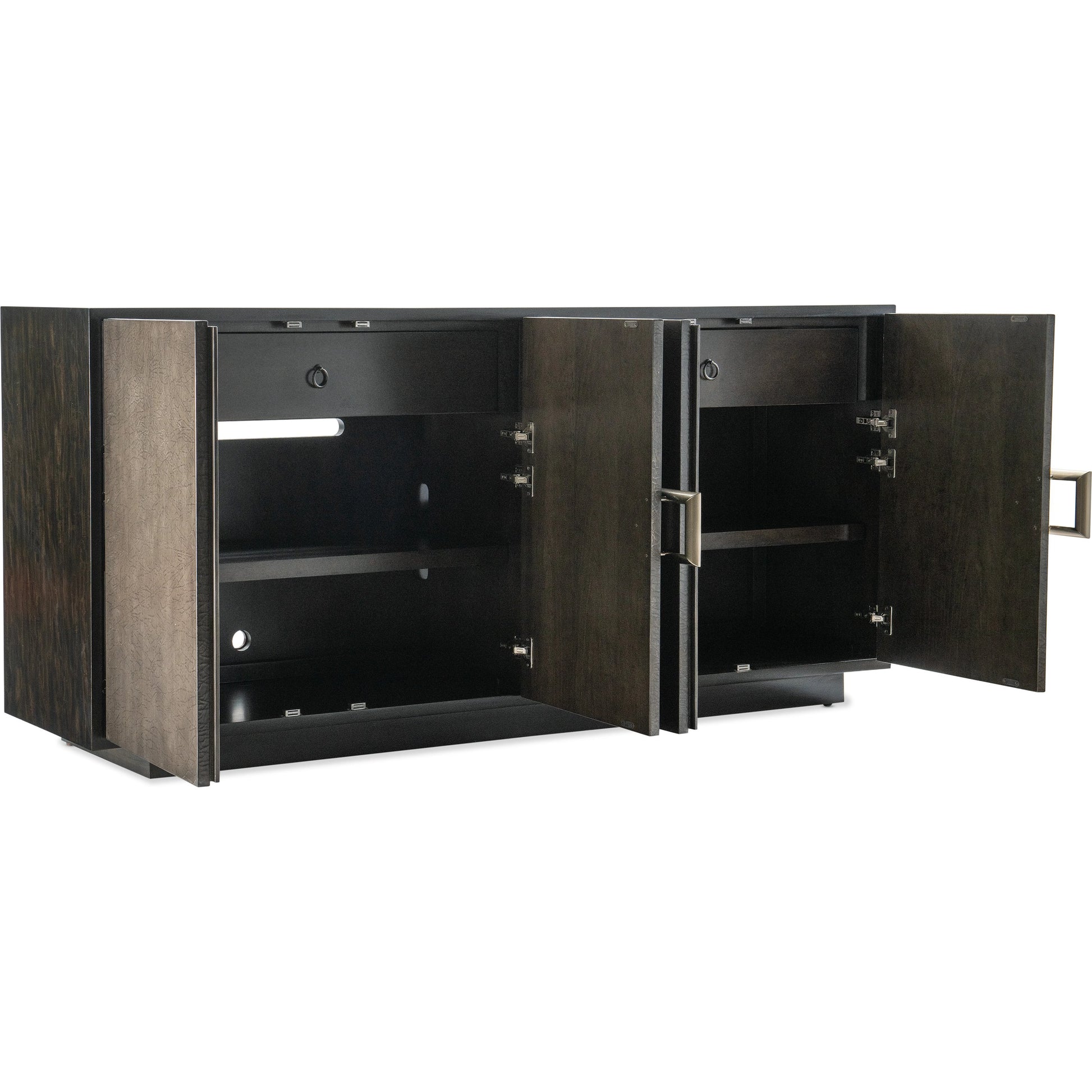 Melange Asher Four Door Entertainment Credenza by Hooker Furniture in dark wood. Made from figured primavera veneers with canvas crackle in a modern style.