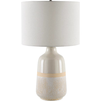 Togo Accent Table Lamp by Surya in body: white; finial: metallic - nickel; harp: metallic - nickel; cord: translucent and glazedpainted. Made from ceramic, linen, plastic, iron in a transitional style.