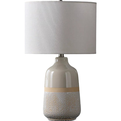 Togo Accent Table Lamp by Surya in body: white; finial: metallic - nickel; harp: metallic - nickel; cord: translucent and glazedpainted. Made from ceramic, linen, plastic, iron in a transitional style.