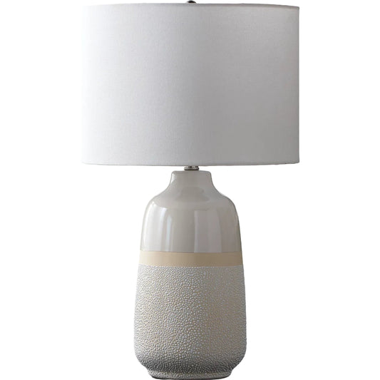 Togo Accent Table Lamp 624826 by Surya in body: white; finial: metallic - nickel; harp: metallic - nickel; cord: translucent and glazedpainted. Made from ceramic, linen, plastic, iron in a unique style.