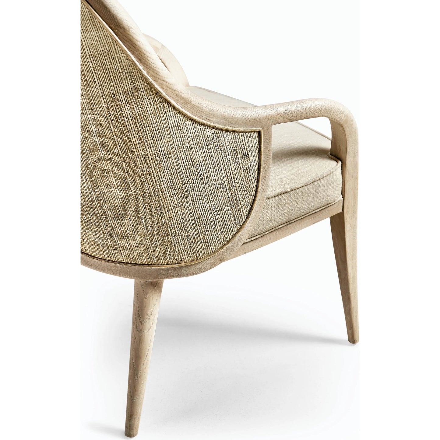 008 SI-2186257 | Closeup | Water Basin Dining Arm Chair by Jonathan Charles in whitewash oak. Made from oak, foam, fabric, grass cloth in a modern style.