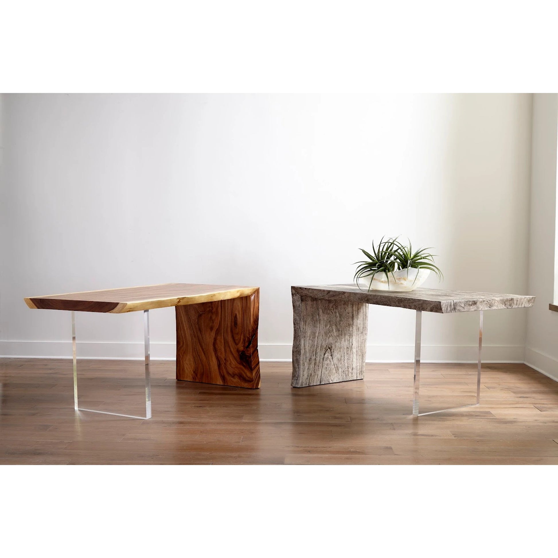 Austin Desk with Acrylic Leg by Phillips Collection in brown. Made from wood, chamcha wood acrylic in a modern style.