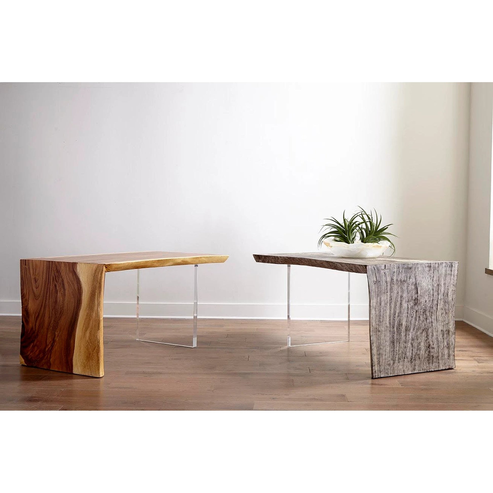 Austin Desk with Acrylic Leg by Phillips Collection in brown. Made from wood, chamcha wood acrylic in a modern style.