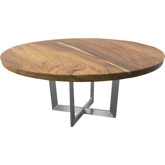 Chuleta Round Dining Table on Stainless Steel Base by Phillips Collection in brown, silver and natural. Made from wood, chamcha wood, metal, stainless steel in a unique style.