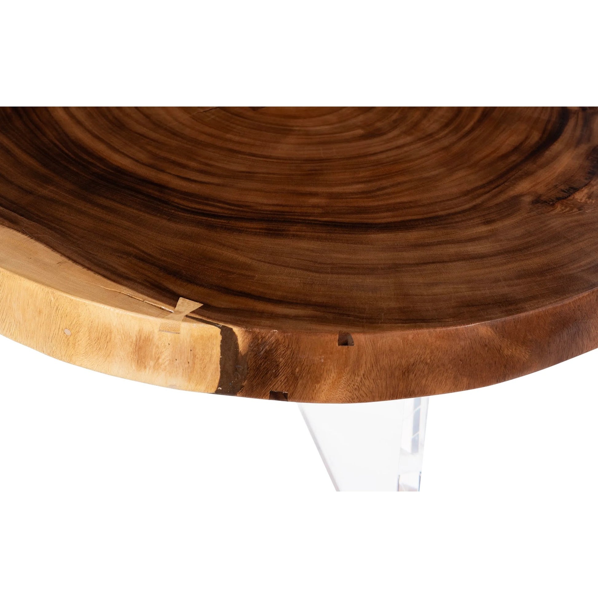 Fling Round Coffee Table with Acrylic Legs by Phillips Collection in brown and natural. Made from wood, chamcha wood acrylic in a modern style.