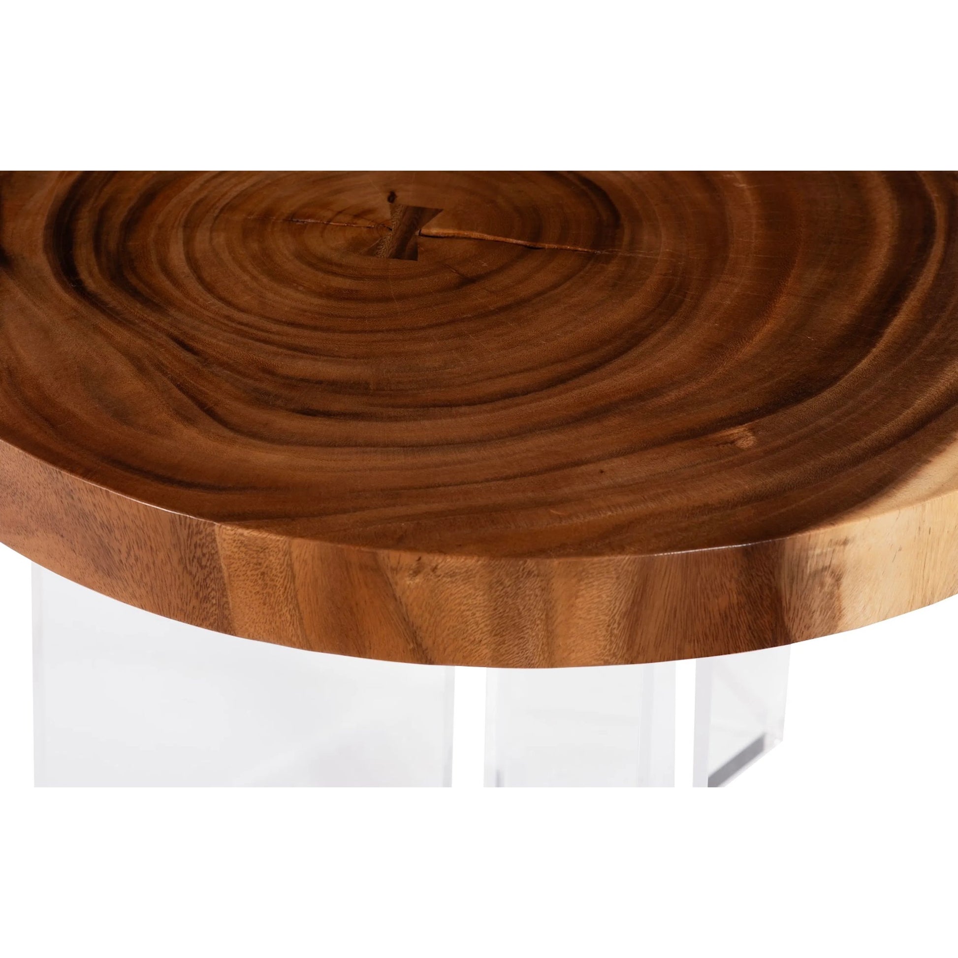 Fling Round Coffee Table with Acrylic Legs by Phillips Collection in brown and natural. Made from wood, chamcha wood acrylic in a modern style.