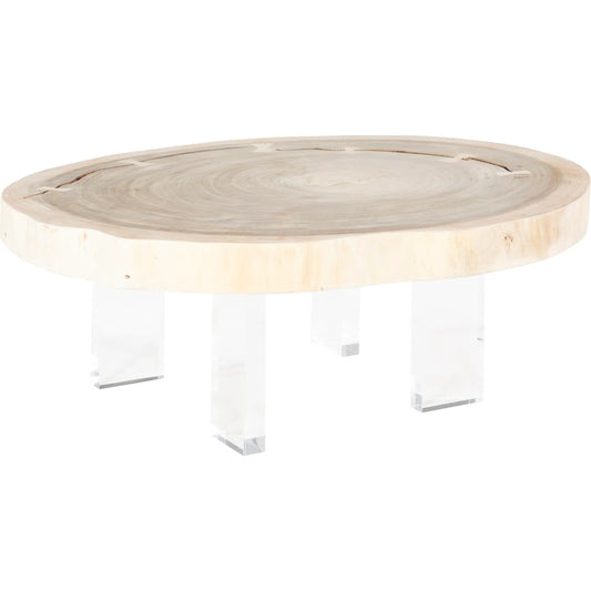 Fling Coffee Table with Acrylic Legs by Phillips Collection in clear, off white and bleached. Made from wood, chamcha wood acrylic in a modern style.