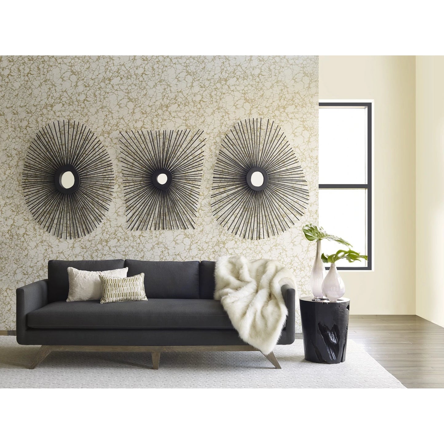 017 SR-820972 | Lifestyle | Spoke Round Mirror by Phillips Collection in charred. Made from wood in a modern style.
