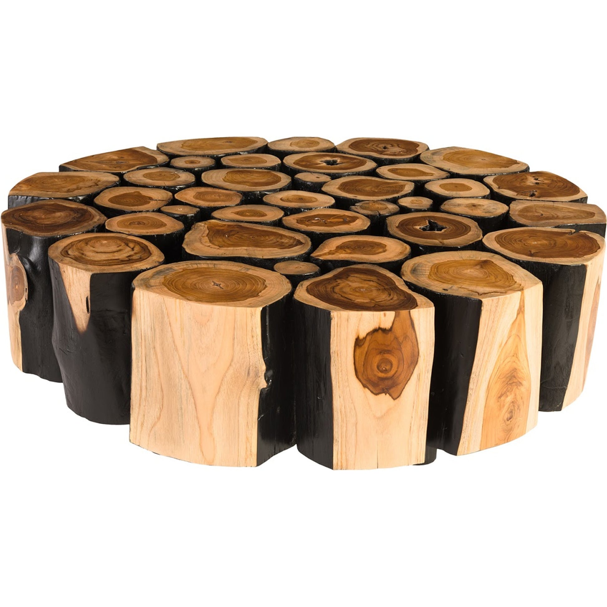 Boscage Coffee Table on Black Metal Legs by Phillips Collection in brown, black and natural, charred. Made from wood in a rustic style.