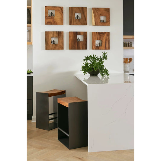 Iron Frame Bar Stool by Phillips Collection in black, brown. Made from wood in a rustic style.