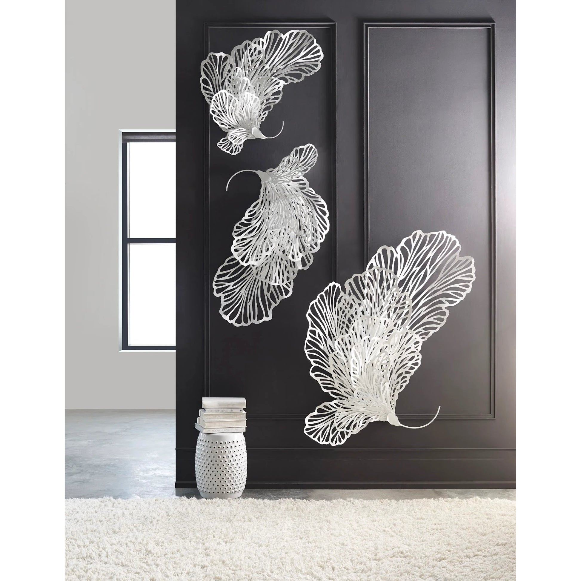 White Butterfly Wall Art by Phillips Collection in white and powder coat. Made from metal in a coastal style.