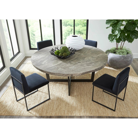 Chuleta Round Dining Table on Stainless Steel Base by Phillips Collection in gray, silver and gray stone. Made from wood in a modern style.