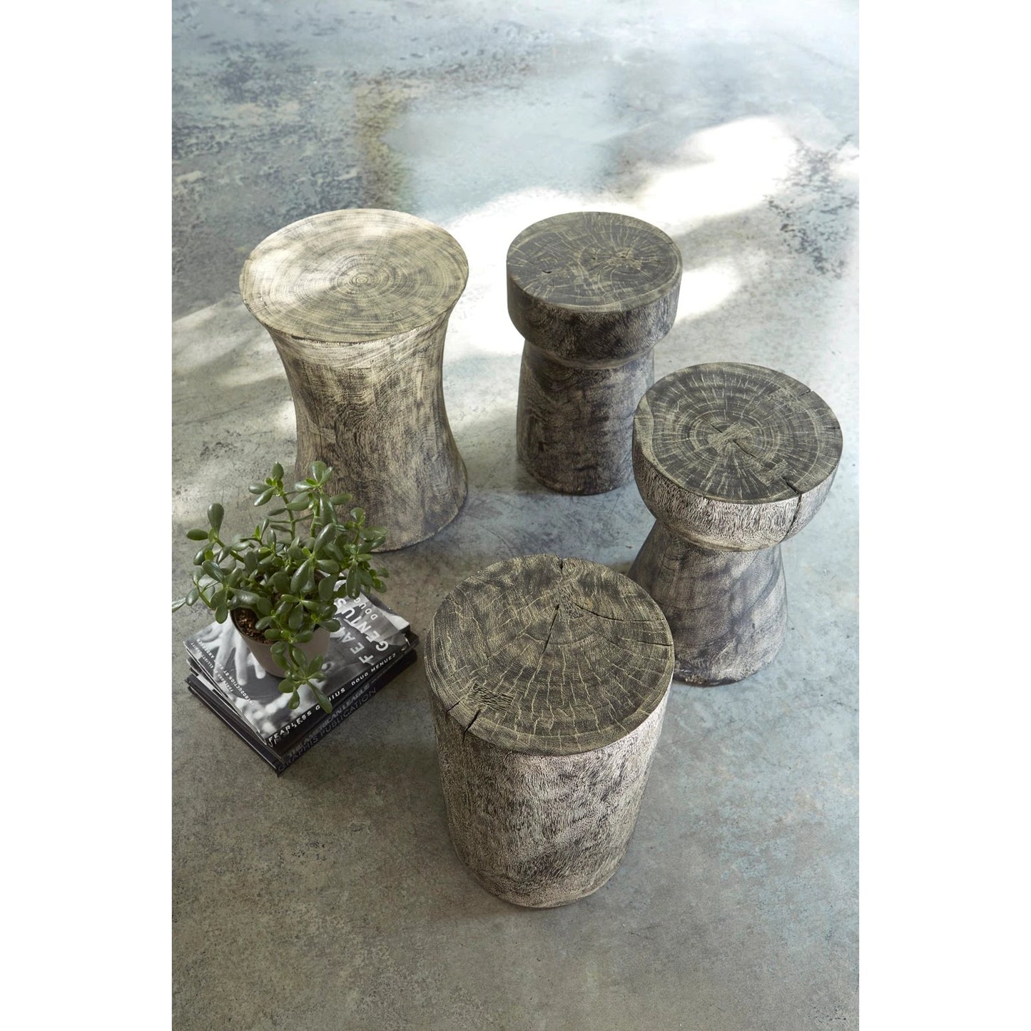 002 SR-939418 | Additional Silo | Chamcha Wood Stool by Phillips Collection in gray stone. Made from wood, chamcha in a eclectic & global style.