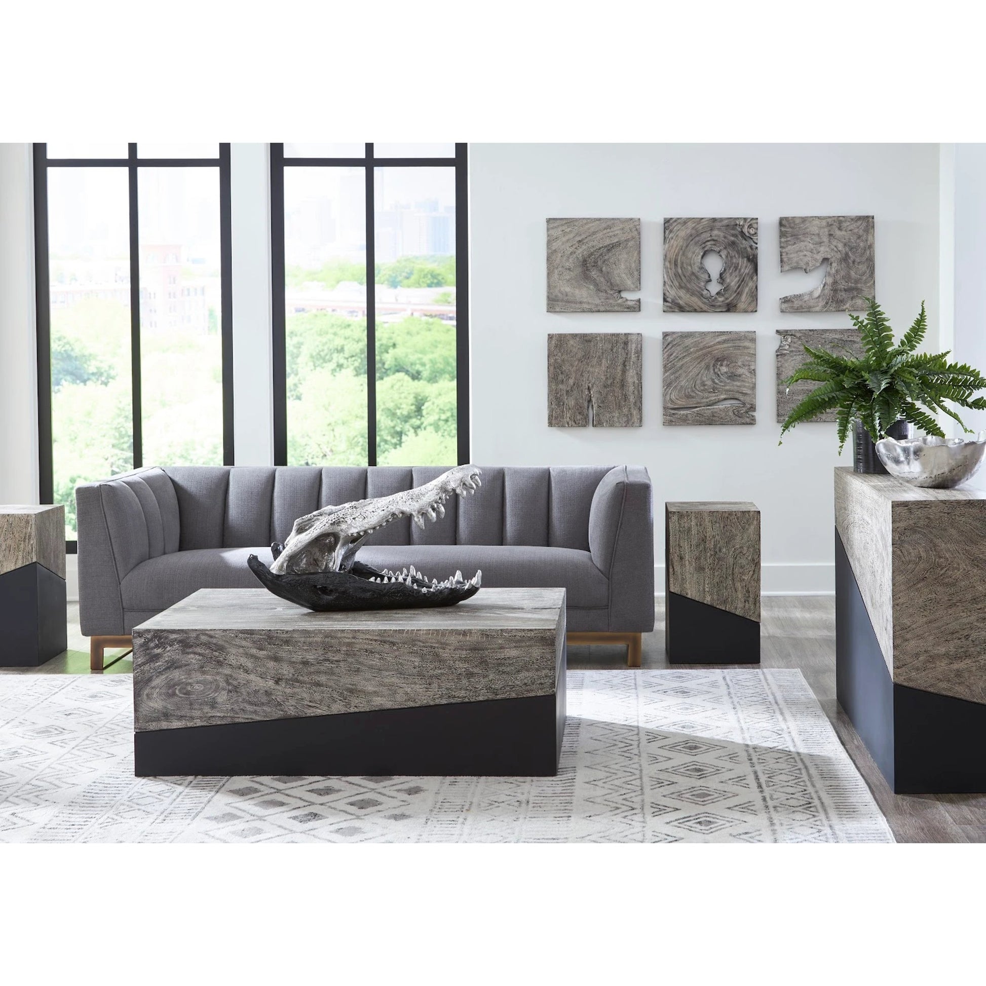 Geometry Rectangular Coffee Table by Phillips Collection in gray stone. Made from unique in a rustic style.