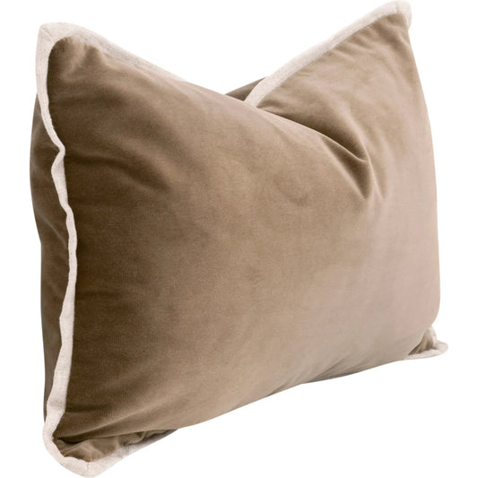 The Not So Basic Essential Lumbar Pillow by Essentials For Living in caramel velvet, jute flat piping. Made from 92% polyster/5% cotton/3% latex velvet, 70% viscose/30% linen, down in a unique style.