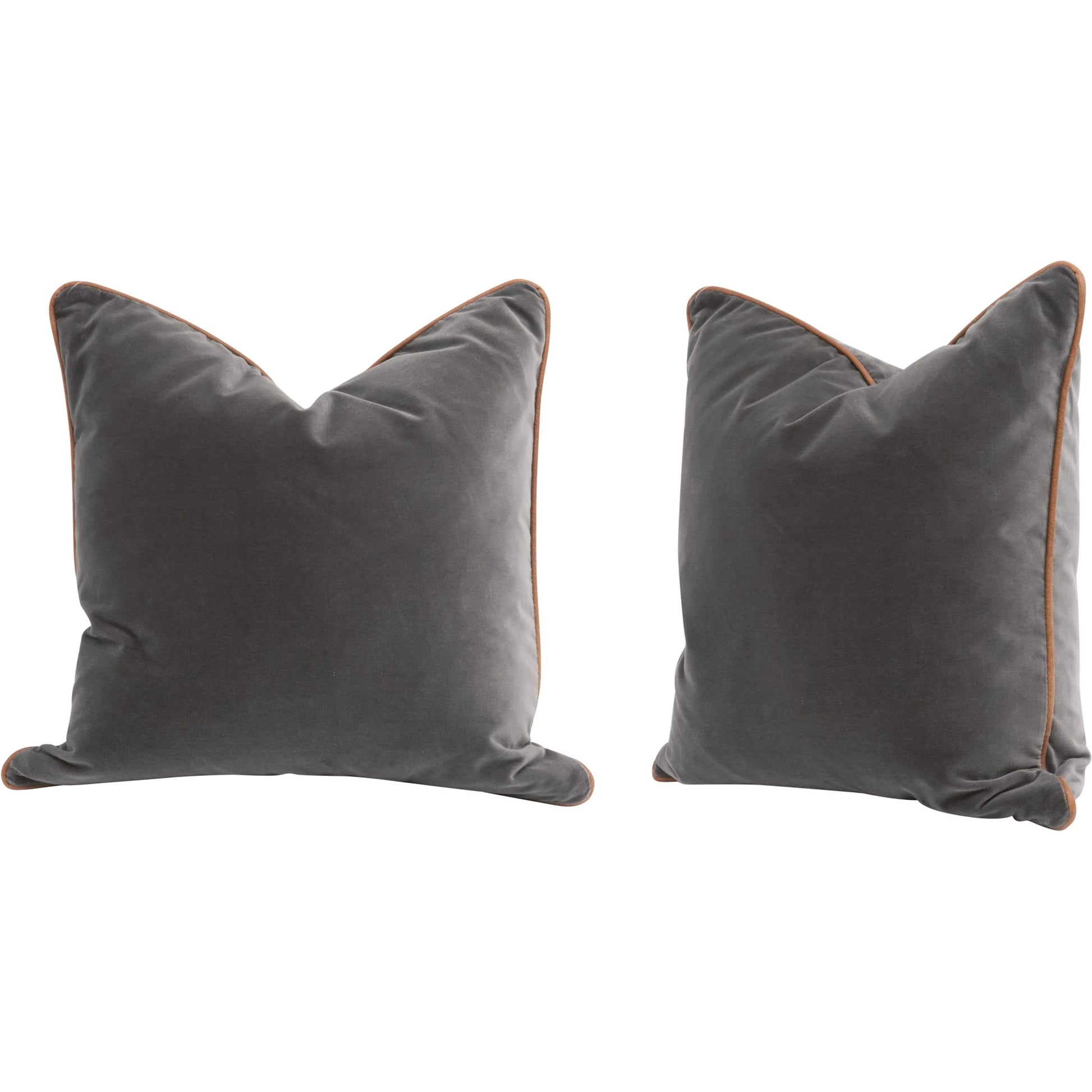 The Not So Basic 20" Essential Pillow (Set of 2) by Essentials For Living in dark dove velvet, whiskey brown top grain leather. Made from 89.1% cotton - 10.9% polyester fabric, top grain leather, down in a modern style.