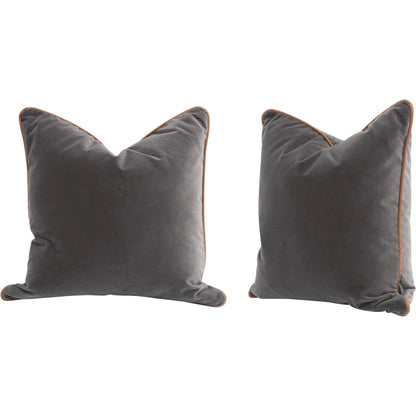 The Not So Basic 20" Essential Pillow (Set of 2) by Essentials For Living in dark dove velvet, whiskey brown top grain leather. Made from 89.1% cotton - 10.9% polyester fabric, top grain leather, down in a modern style.