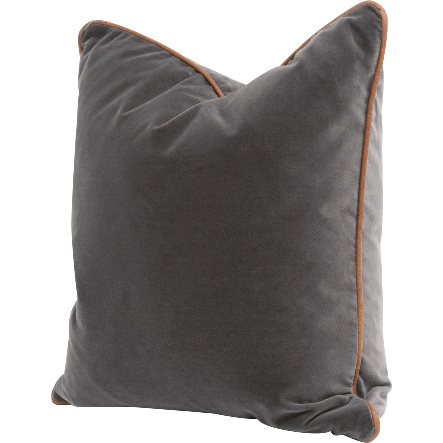 001 SI-2021755 | Primary Silo | The Not So Basic 20" Essential Pillow (Set of 2) by Essentials For Living in dark dove velvet, whiskey brown top grain leather. Made from 89.1% cotton - 10.9% polyester fabric, top grain leather, down in a modern style.