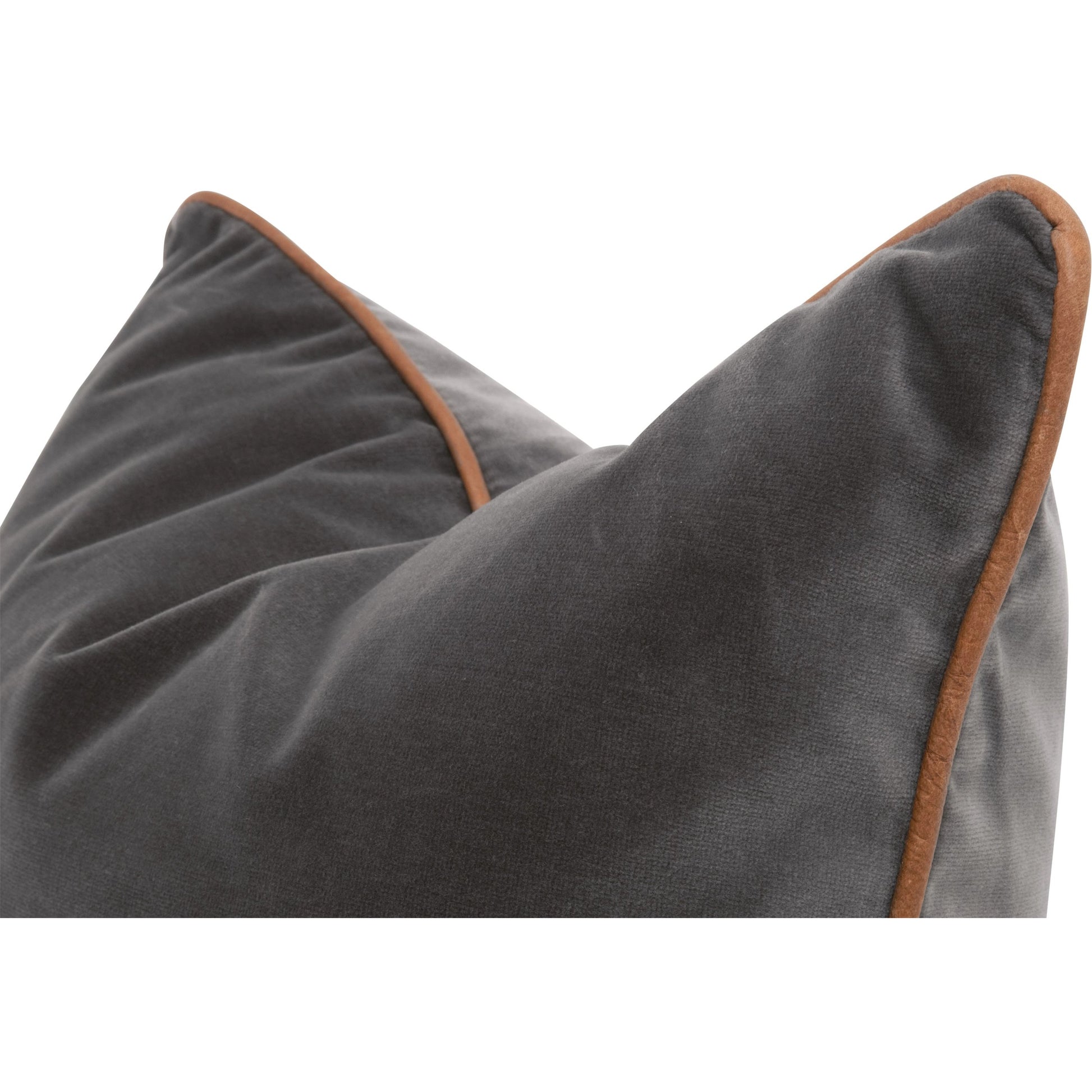 The Not So Basic 20" Essential Pillow (Set of 2) by Essentials For Living in dark dove velvet, whiskey brown top grain leather. Made from 89.1% cotton - 10.9% polyester fabric, top grain leather, down in a modern style.