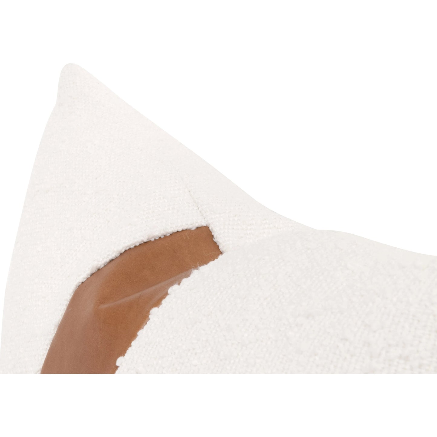 002 SI-2021757 | Closeup | The Split Decision 20" Essential Lumbar Pillow (Set of 2) by Essentials For Living in performance boucle snow, whiskey brown top grain leather. Made from 96% polyester - 4% acrylic fabric, top grain leather, down in a modern styl