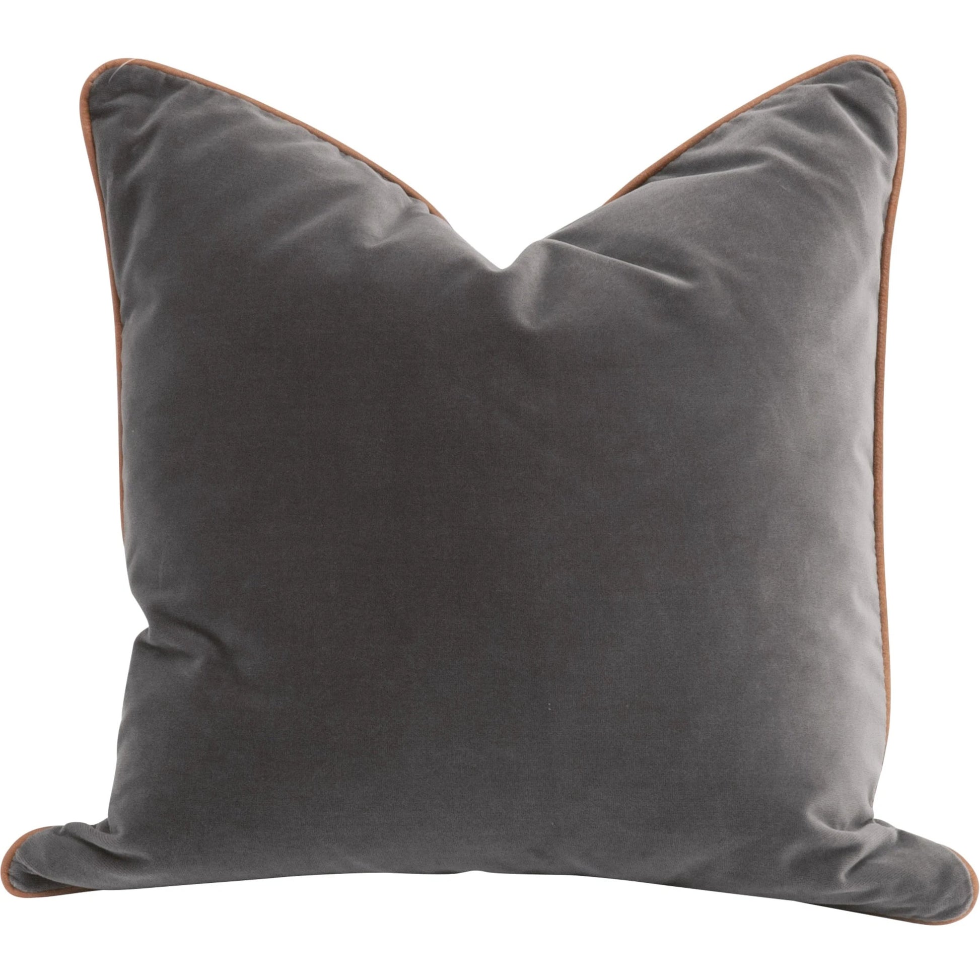 The Not So Basic 20" Essential Pillow (Set of 2) by Essentials For Living in dark dove velvet, whiskey brown top grain leather. Made from 89.1% cotton - 10.9% polyester fabric, top grain leather, down in a modern style.