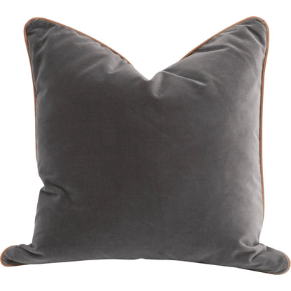 The Not So Basic 20" Essential Pillow (Set of 2) by Essentials For Living in dark dove velvet, whiskey brown top grain leather. Made from 89.1% cotton - 10.9% polyester fabric, top grain leather, down in a modern style.