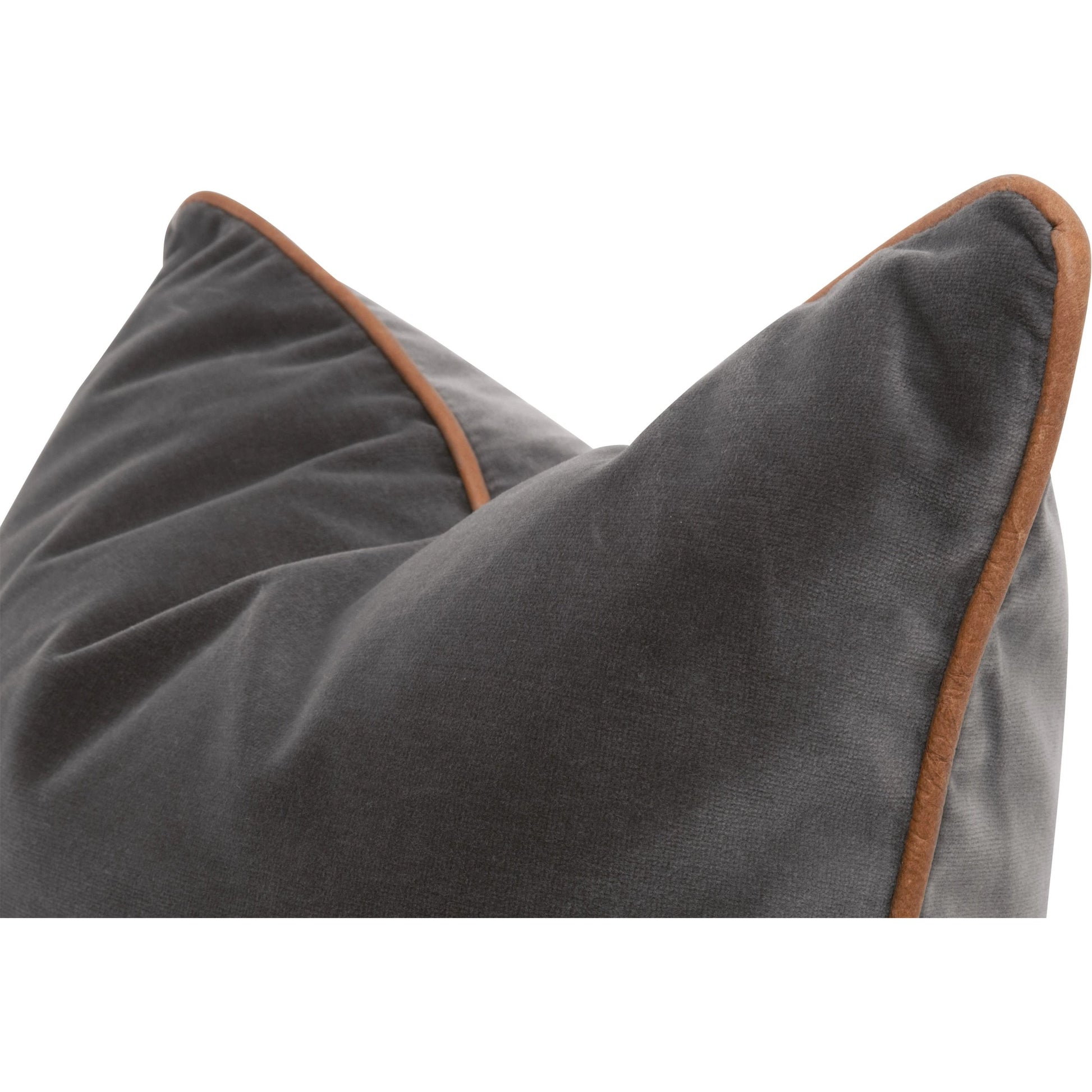 The Not So Basic 20" Essential Pillow (Set of 2) by Essentials For Living in dark dove velvet, whiskey brown top grain leather. Made from 89.1% cotton - 10.9% polyester fabric, top grain leather, down in a modern style.