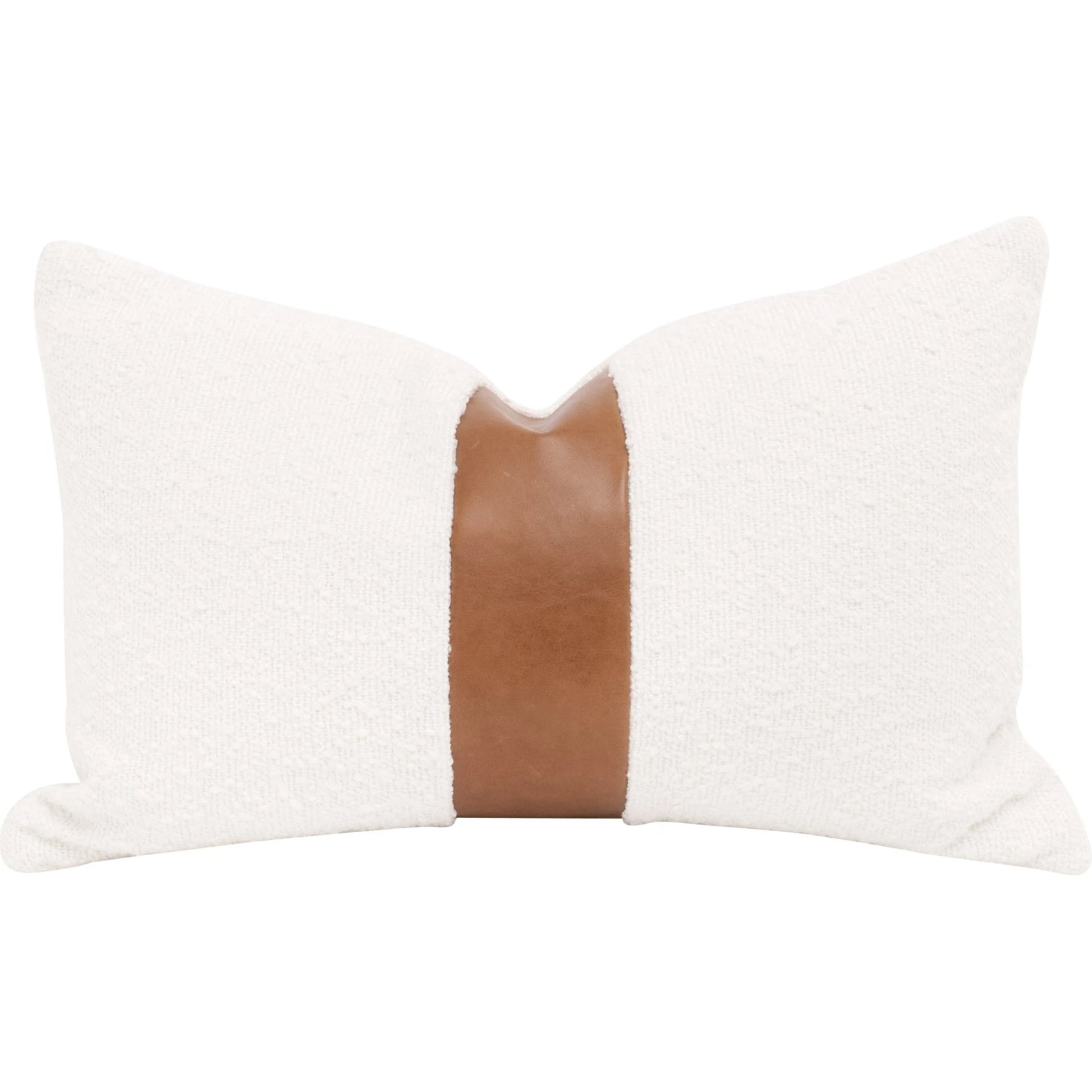 The Split Decision 20" Essential Lumbar Pillow (Set of 2) by Essentials For Living in performance boucle snow, whiskey brown top grain leather. Made from 96% polyester - 4% acrylic fabric, top grain leather, down in a modern style.