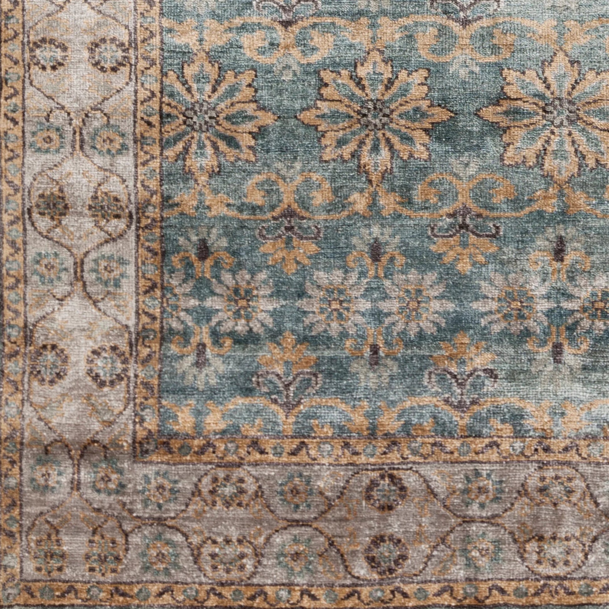 Theodora Rug - 12937 by Surya in teal, charcoal, wheat, light gray. Made from 100% bamboo silk in a unique style.