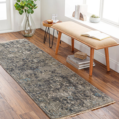 Theodora Rug - 30279 by Surya in charcoal, ice blue, gray, medium gray, light gray, black. Made from 100% viscose in a unique style.