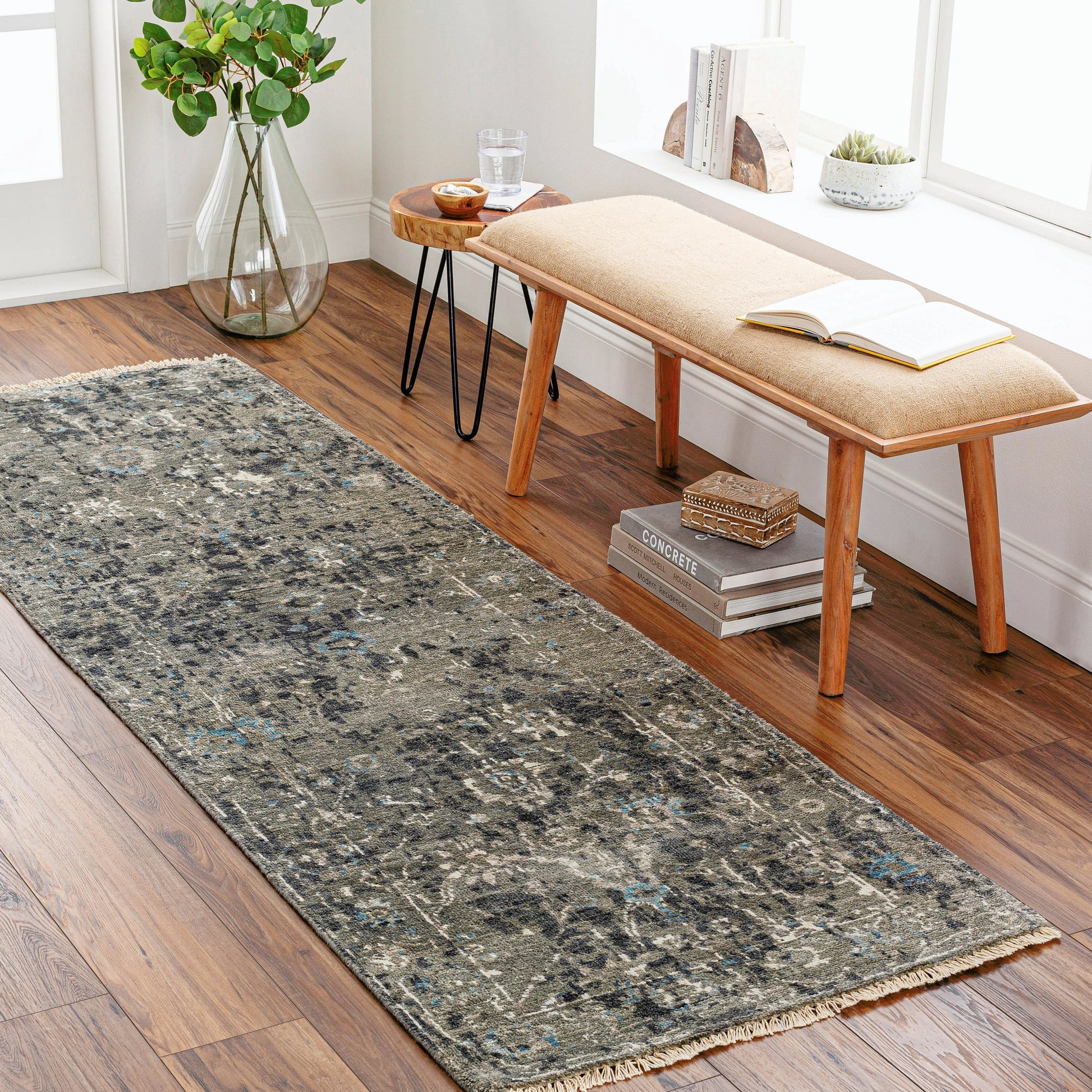 Theodora Rug - 30279 by Surya in charcoal, ice blue, gray, medium gray, light gray, black. Made from 100% viscose in a unique style.