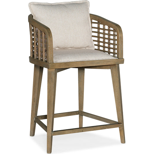 Sundance Barrel Back Counter Stool by Hooker Furniture in beige and cliffside. Made from fabric, rattan, nailheads, copper sheet in a traditional style.